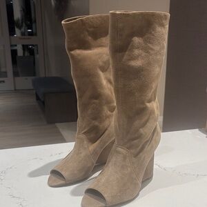 Diane Von Furstenberg Taupe Suede Peep-Toe Mid-Calf Boots